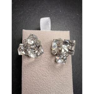 Vintage Silver Tone Crystal Cube Rhinestone Cluster Earrings